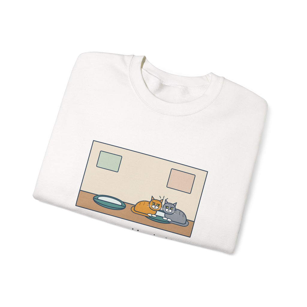 Two Cats Sweatshirt, Two Identical Beds, Both Cram into the Same One and Glare, Funny Bed Standoff Crewneck