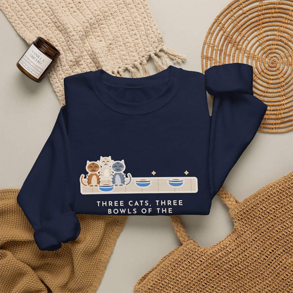 Three Cats Sweatshirt, Three Bowls of the Same Food, Every Cat Wants the One on the Left, Funny Kitchen Floor Crewneck