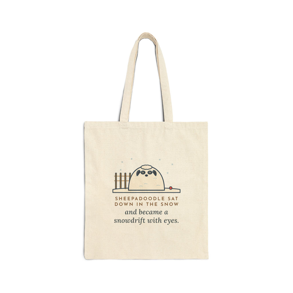 Sheepadoodle Tote Bag, Sat Down in the Snow and Became a Snowdrift with Eyes, Snowy Yard