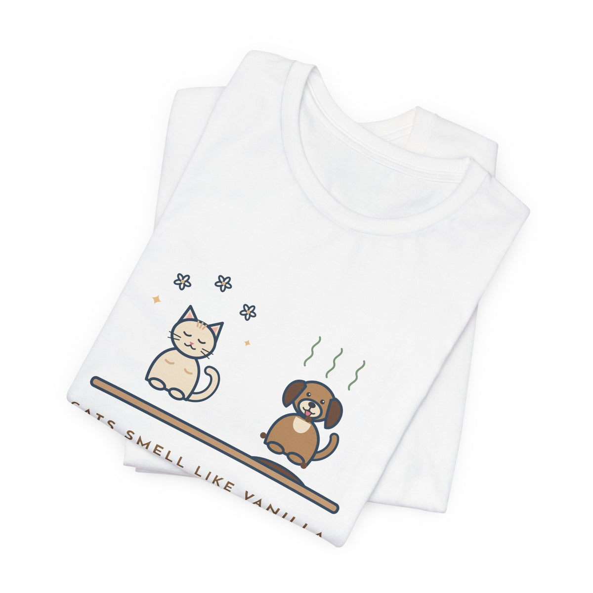Funny Pet Humor T-Shirt, Cats Smell Like Vanilla, Dogs Smell Like Dogs, Original Illustrated Shirt