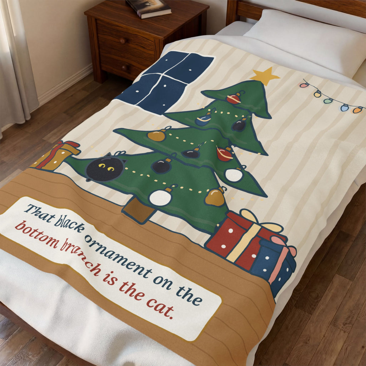 Black Cat Christmas Blanket - That Black Ornament on the Bottom Branch Is the Cat