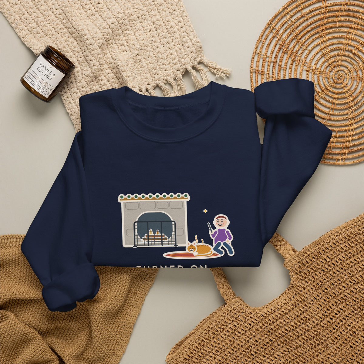 Fireplace Cat Sweatshirt, Turned On the Fireplace, The Cat Claimed the Warm Spot Before the Logs Caught, Funny Hearth Rug Crewneck