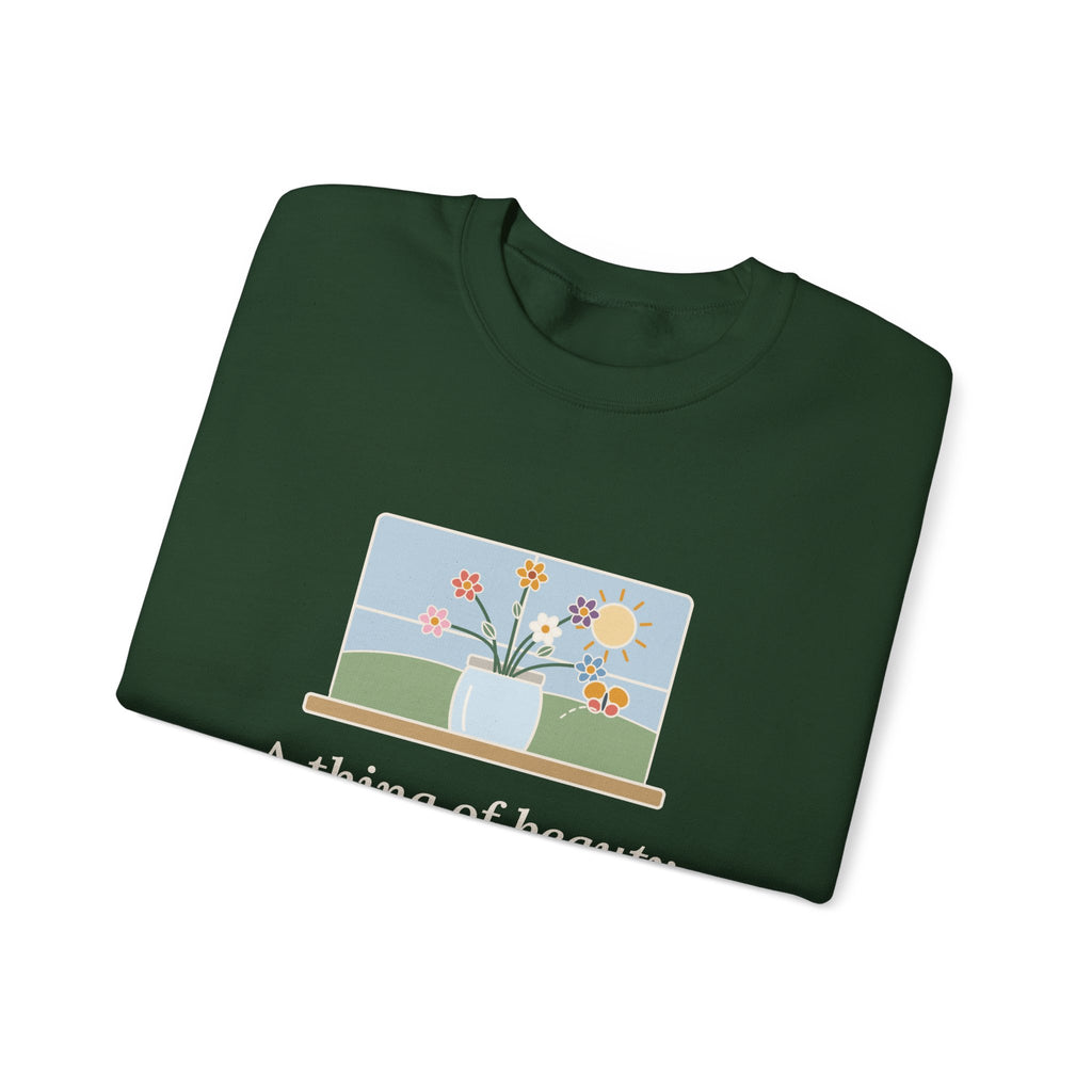 A Thing of Beauty Is a Joy Forever Sweatshirt, Nature John Keats Quote Crewneck with Wildflower Jar