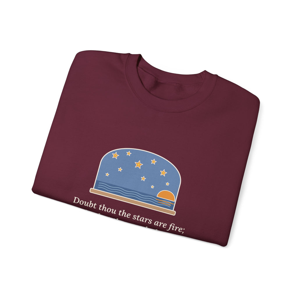 But Never Doubt I Love Sweatshirt, Love Shakespeare Quote Crewneck with Fiery Stars at Sea