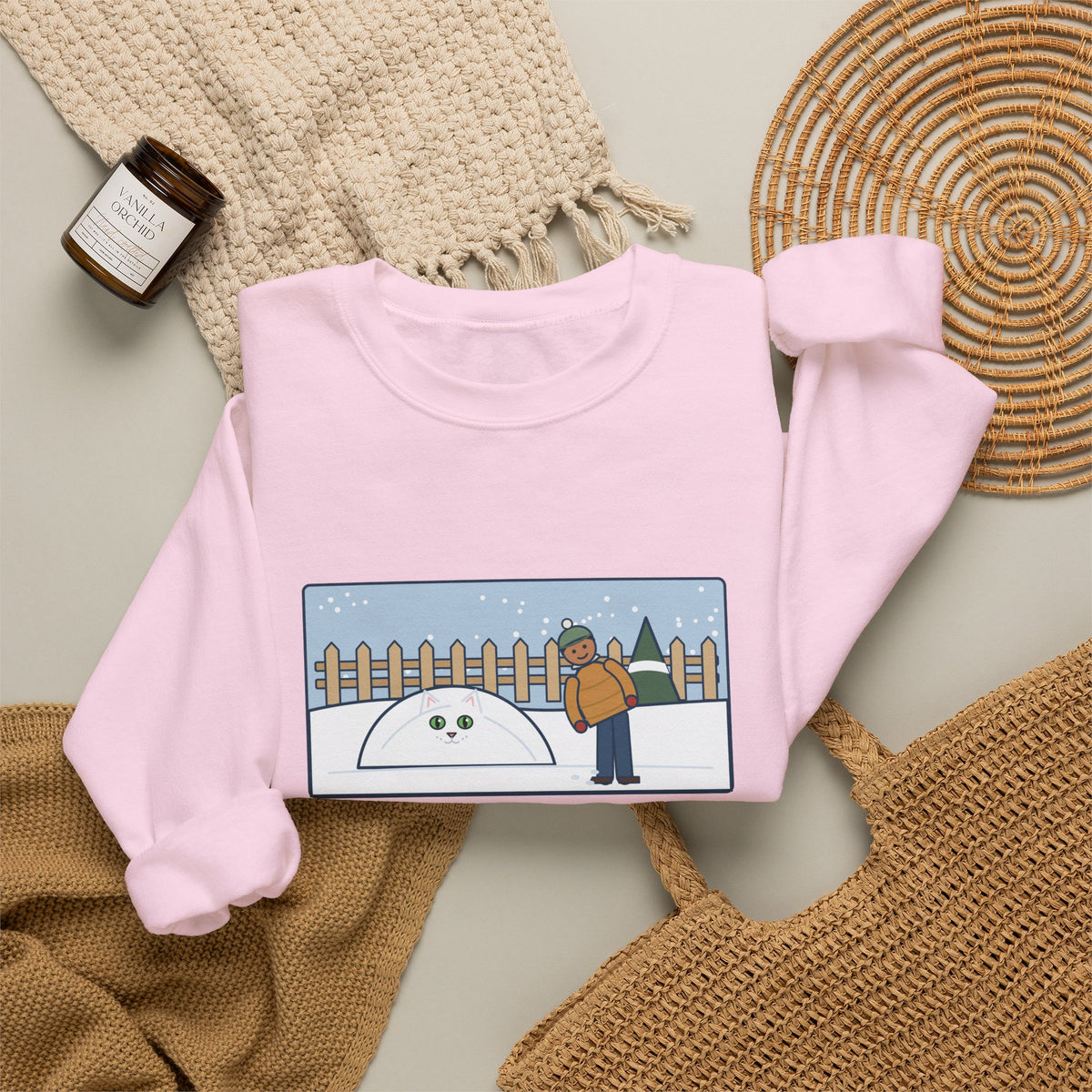 White Cat Sweatshirt, In the Snow, Found Her by the Pink Nose and the Green Eyes, Funny Snowy Backyard Crewneck