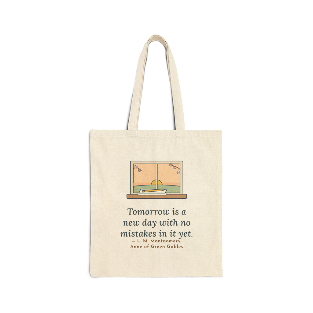 Tomorrow Is a New Day with No Mistakes in It Yet Tote Bag, Encouragement Montgomery Quote Tote with Dawn Windowsill