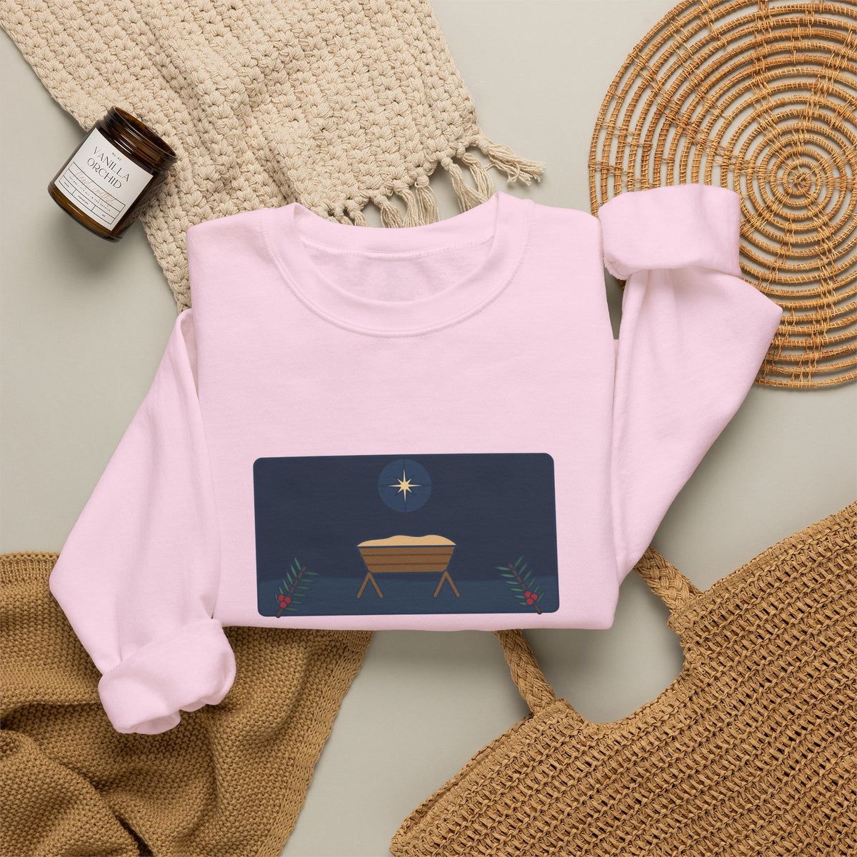For Unto Us a Child Is Born Sweatshirt, Christmas Isaiah 9:6 Quote Crewneck with Empty Manger Star