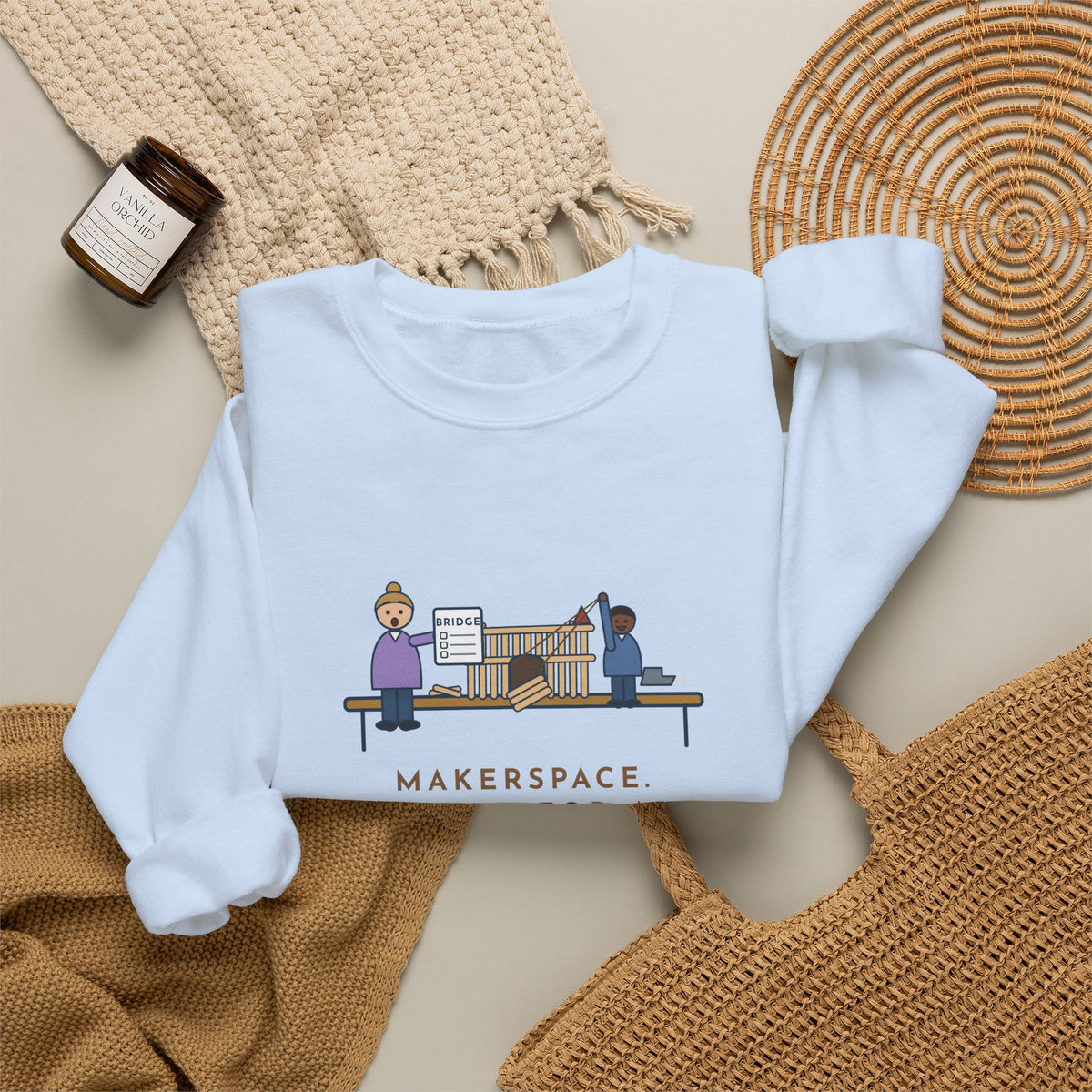 Makerspace Teacher Crewneck Sweatshirt - Craft-Stick Castle With a Working Drawbridge