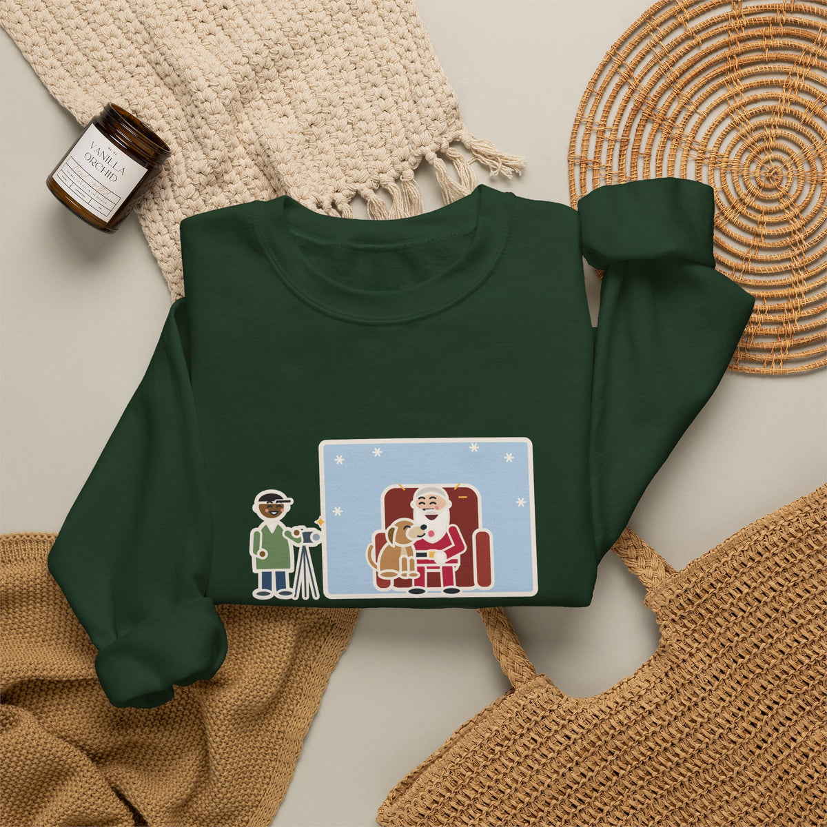 Holiday Photo Sweatshirt, Took the Dog for Photos with the Man in the Red Suit, He Licked the Beard, Funny Photo Set Crewneck
