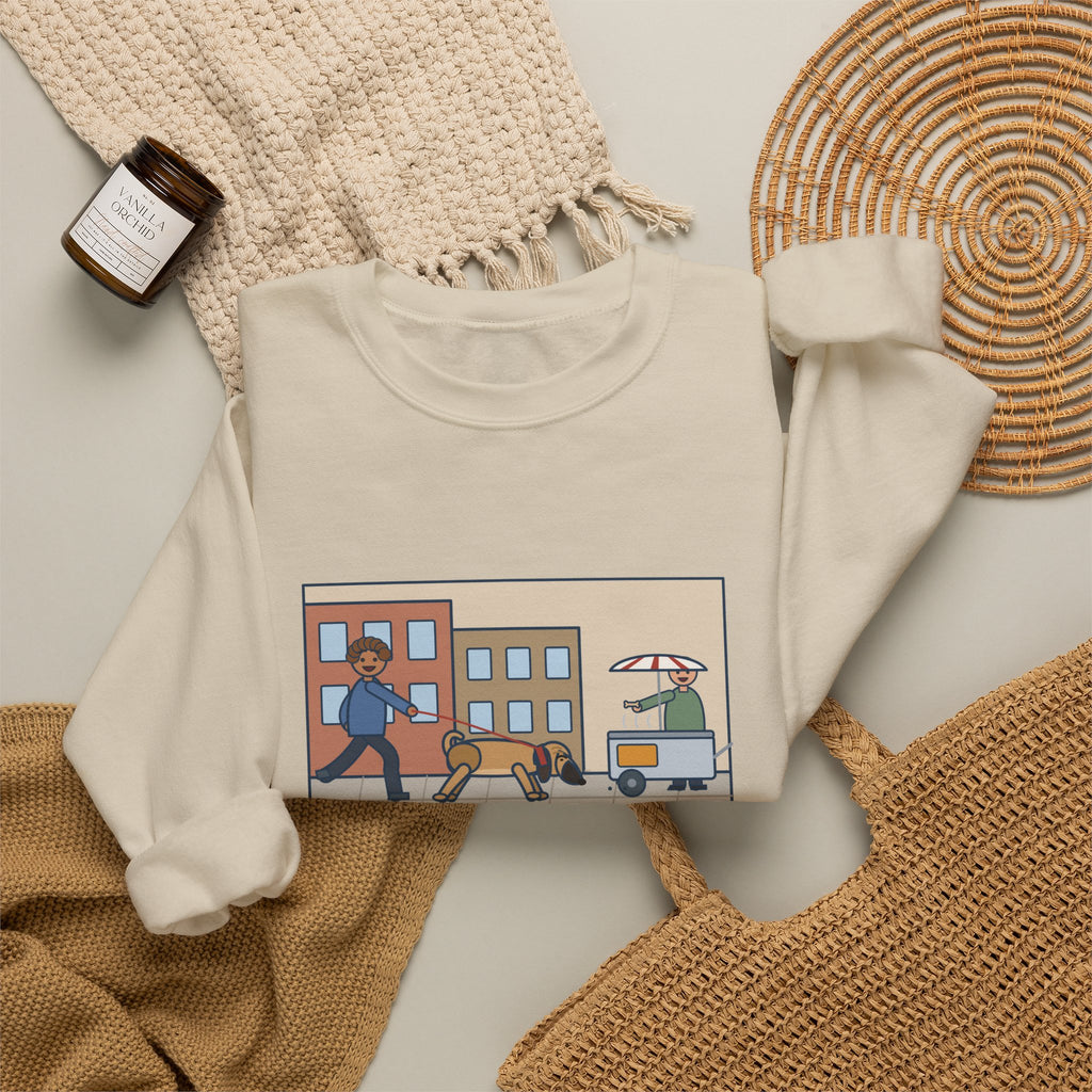 Puggle Sweatshirt, Caught a Scent on the Walk, We Followed It Four Blocks to a Hot Dog Cart, Funny City Walk Crewneck
