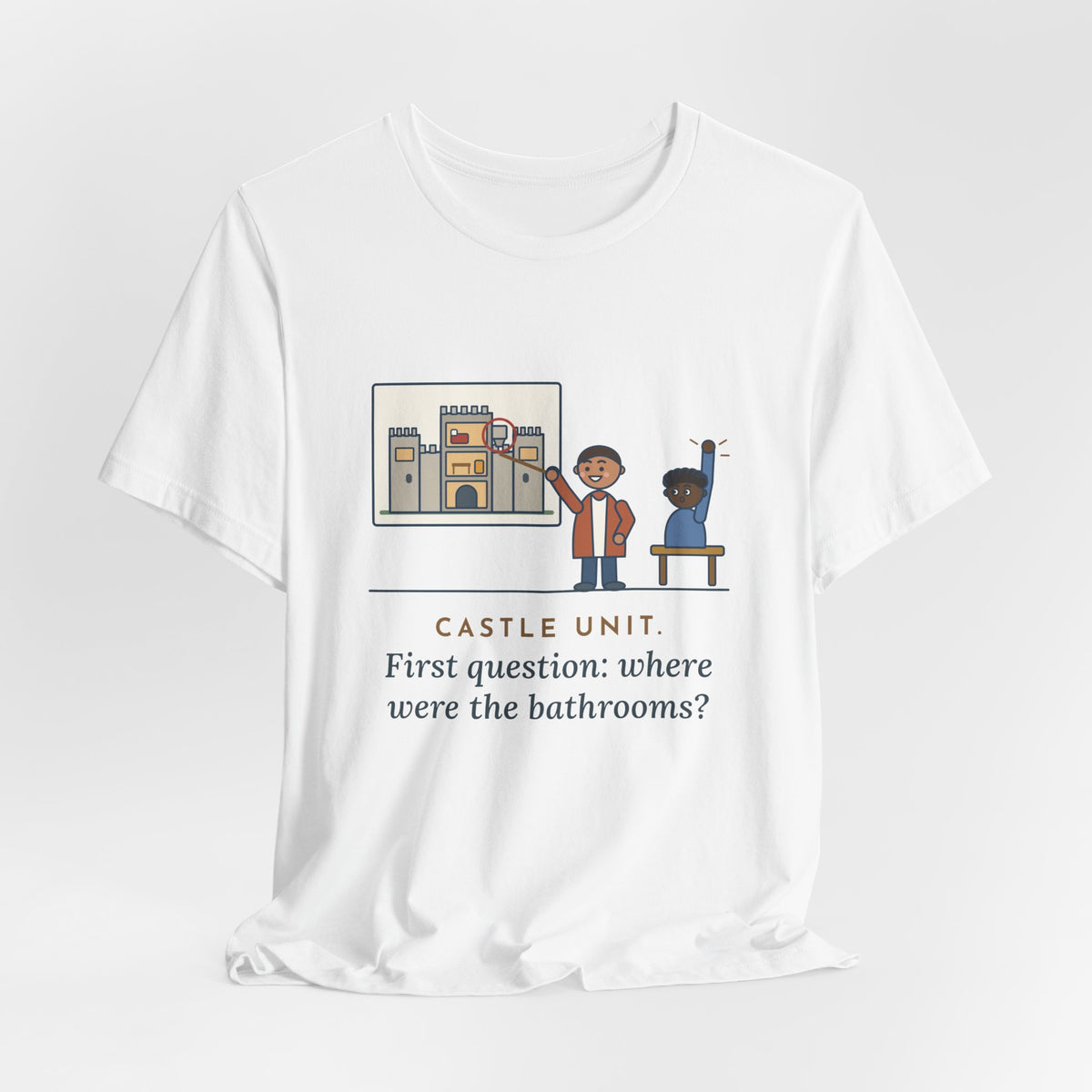 World History Teacher T-Shirt - Castle Unit, First Question: Where Were the Bathrooms