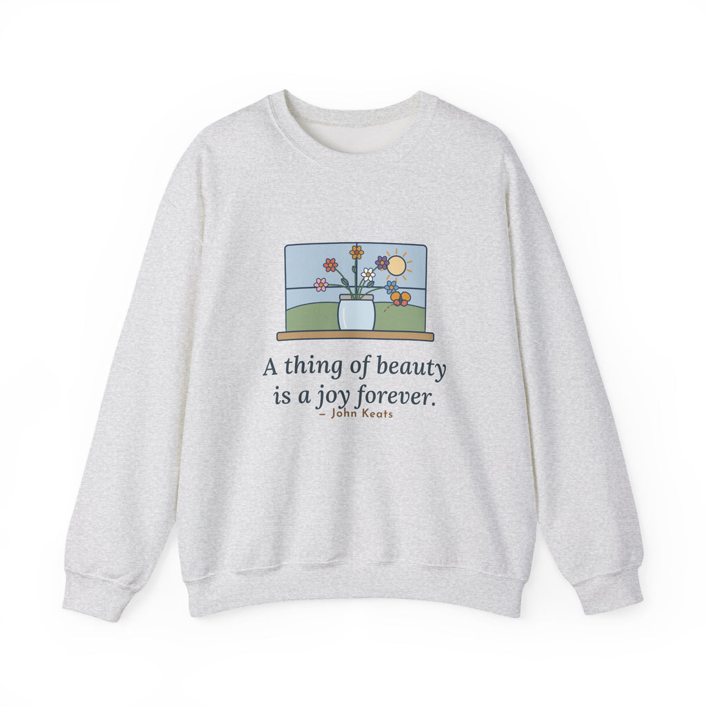 A Thing of Beauty Is a Joy Forever Sweatshirt, Nature John Keats Quote Crewneck with Wildflower Jar