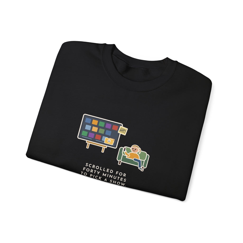 TV Night Sweatshirt, Scrolled Forty Minutes to Pick a Show, Rewatched the Same Old Comedy, Funny Couch Night Crewneck