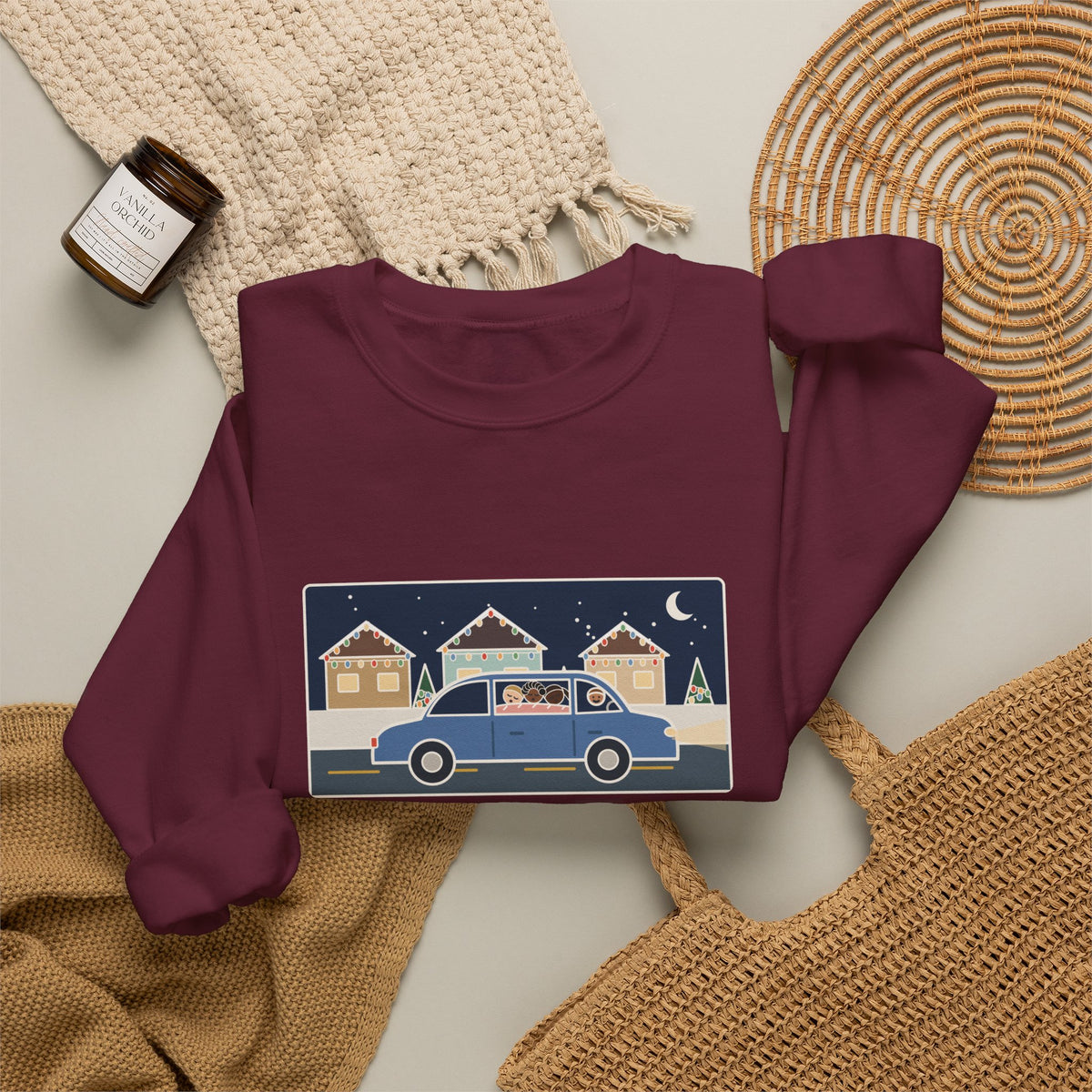 Christmas Lights Sweatshirt, Drove the Kids Around to See Them, All Three Asleep by the Second Street, Funny Night Drive Crewneck