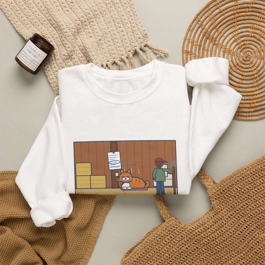 Barn Cat Sweatshirt, Showed Up in May, Now He Has a Heated Bed and His Name on the Feed Bill, Funny Barn Corner Crewneck