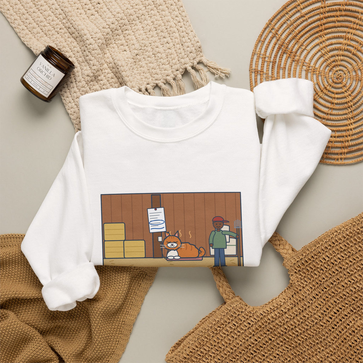 Barn Cat Sweatshirt, Showed Up in May, Now He Has a Heated Bed and His Name on the Feed Bill, Funny Barn Corner Crewneck
