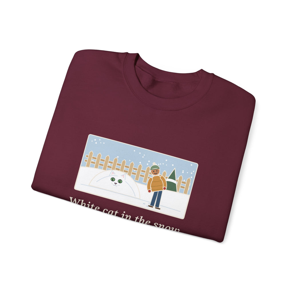 White Cat Sweatshirt, In the Snow, Found Her by the Pink Nose and the Green Eyes, Funny Snowy Backyard Crewneck