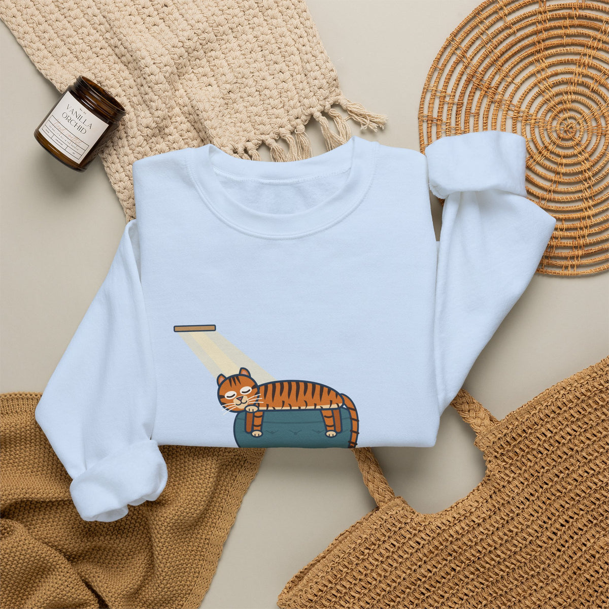 Tiger-Striped Cat Crewneck Sweatshirt - Sprawled on the Ottoman Like a Tiger on a Sun Rock Cat Gift
