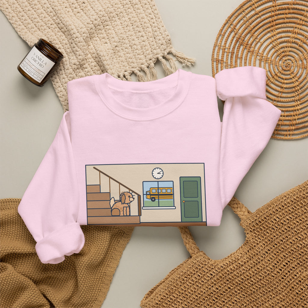 Maltipoo Sweatshirt, Seven Pounds, Waits on the Stairs at 3:10 Every Day for the School Bus, Funny Front Hall Wait Crewneck