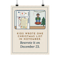 Christmas List Poster, Kids Wrote One in November, Rewrote It on December 23, Funny Fridge Door Wall Art