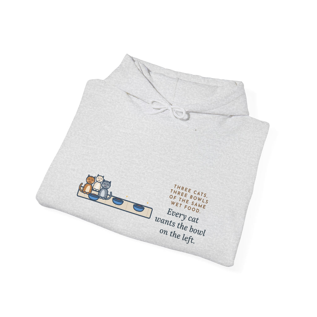 Funny Three Cats Hoodie, Three Bowls of the Same Food, Every Cat Wants the One on the Left