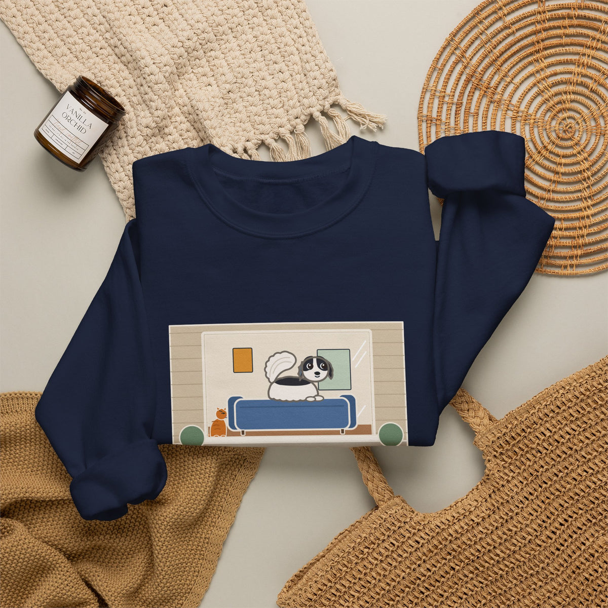 Japanese Chin Sweatshirt, Perched on the Back of the Couch Like a Cat, Watching the Street, Funny Window Lookout Crewneck
