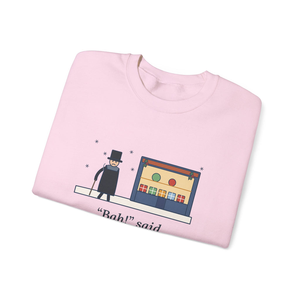 Bah Humbug Sweatshirt, Christmas Dickens Quote Crewneck with Snowy Shop Window