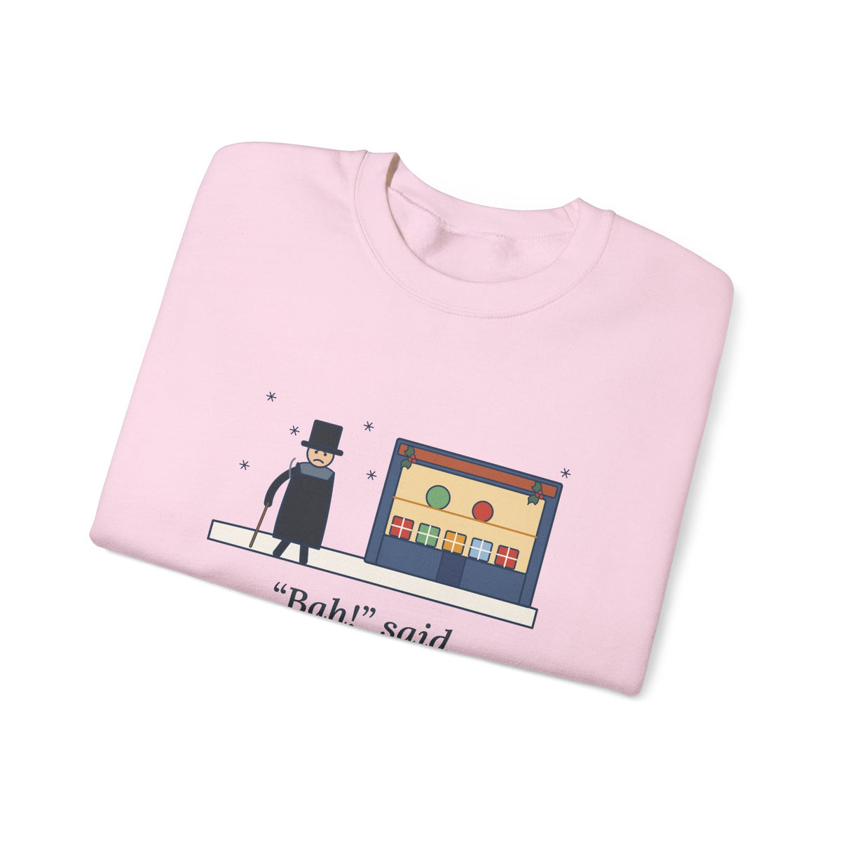 Bah Humbug Sweatshirt, Christmas Dickens Quote Crewneck with Snowy Shop Window