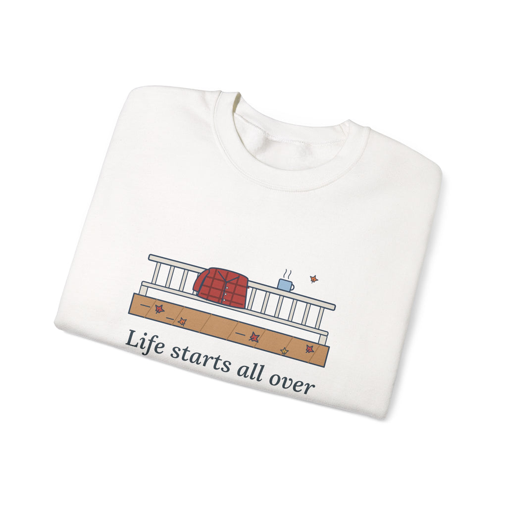 Life Starts All Over Again When It Gets Crisp Sweatshirt, Fall Fitzgerald Quote Crewneck with Porch Morning
