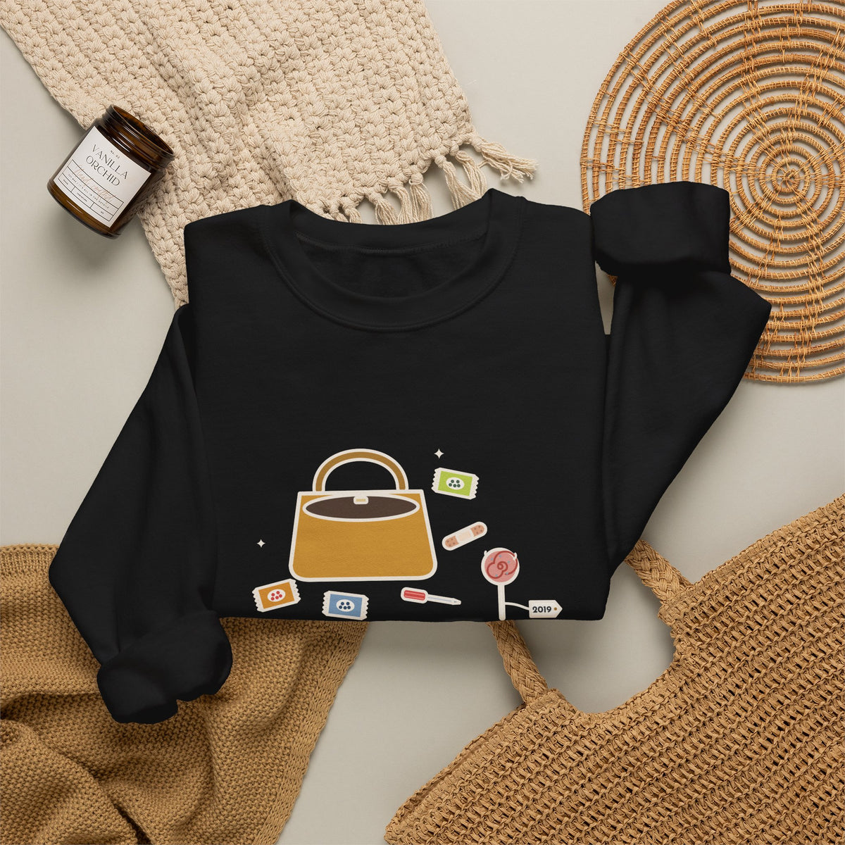 Mom Sweatshirt, Mom's Purse, Three Snacks, a Bandage, a Screwdriver and a Very Old Lollipop, Funny Purse Flat-Lay Crewneck