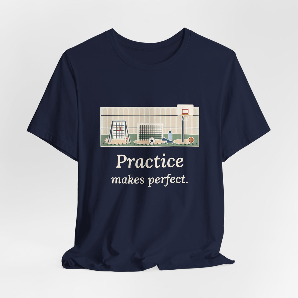 Practice Makes Perfect T-Shirt, Youth Sports Proverb Tee with Backyard Practice