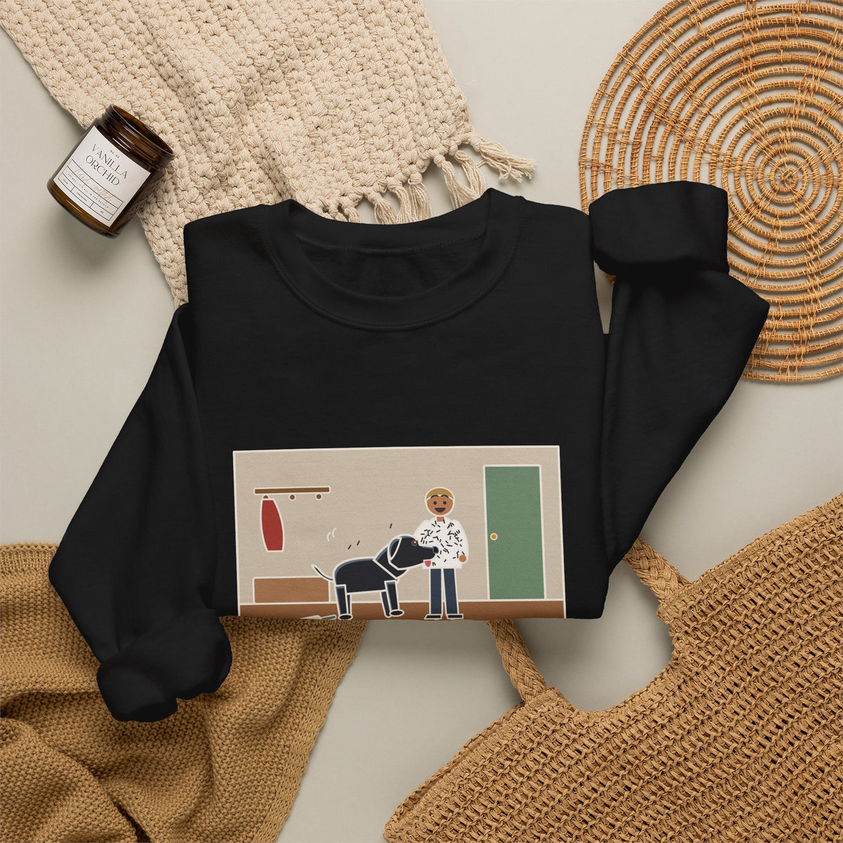 Jet-Black Dog Sweatshirt, Bought One White Sweater, Wore It for Six Minutes, Funny Front Hall Hug Crewneck