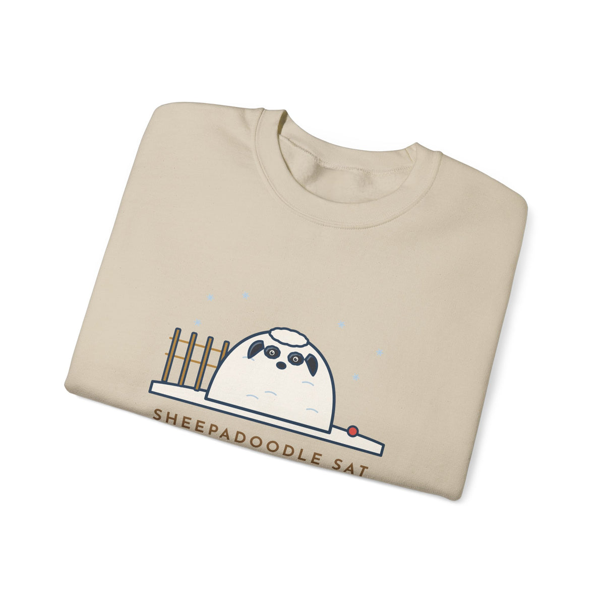 Sheepadoodle Sweatshirt, Sat Down in the Snow and Became a Snowdrift with Eyes, Funny Snowy Yard Crewneck