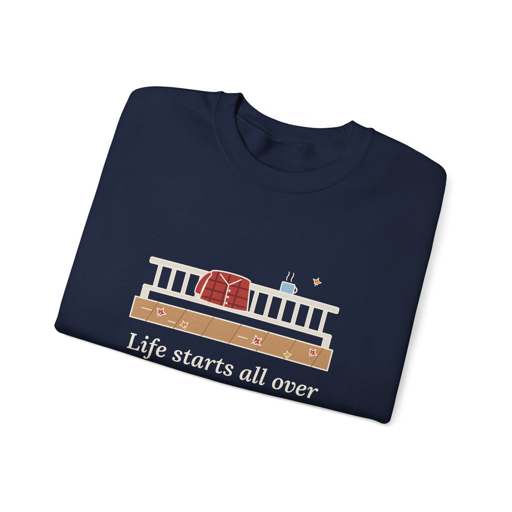 Life Starts All Over Again When It Gets Crisp Sweatshirt, Fall Fitzgerald Quote Crewneck with Porch Morning