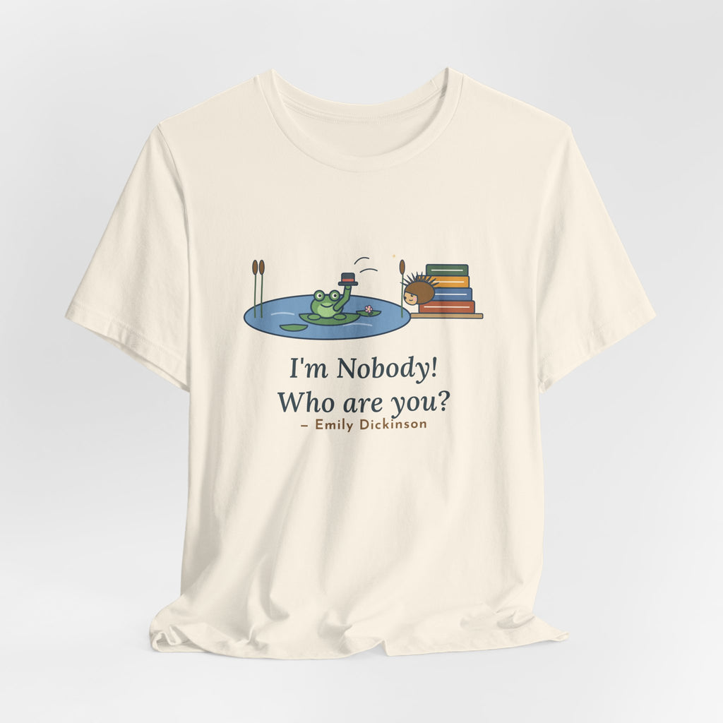 Dickinson Quote T-Shirt, I'm Nobody Poem, Literary Frog and Hedgehog Tee