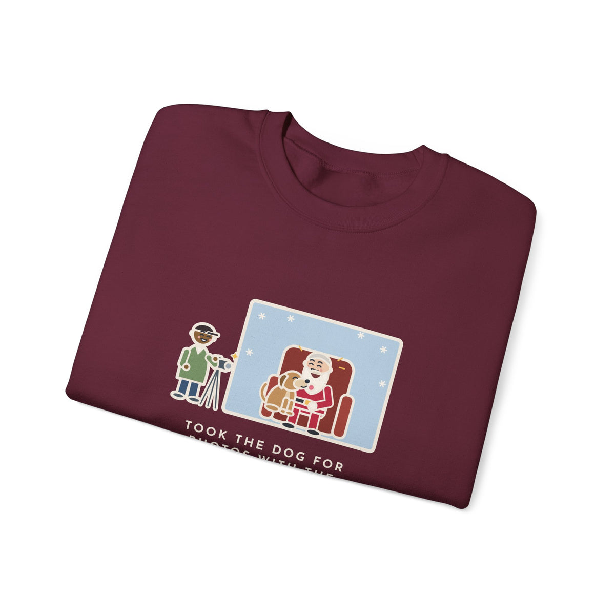 Holiday Photo Sweatshirt, Took the Dog for Photos with the Man in the Red Suit, He Licked the Beard, Funny Photo Set Crewneck