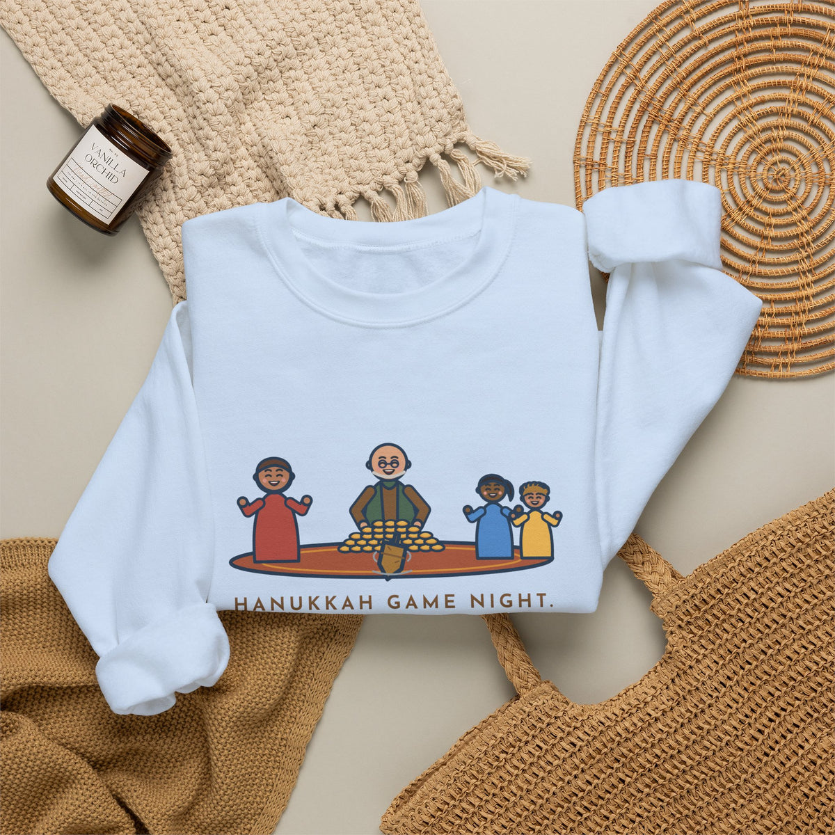 Hanukkah Game Night Sweatshirt, Grandpa Won Every Chocolate Coin with a Dreidel Older Than Mom, Funny Living Room Rug Crewneck