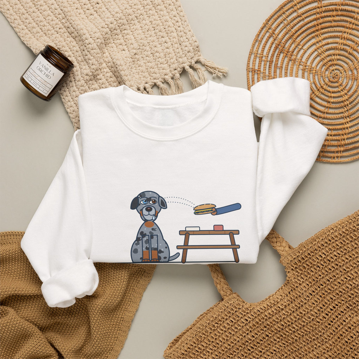 Catahoula Leopard Dog Crewneck Sweatshirt - One Blue Eye, One Brown Eye, Both on My Sandwich