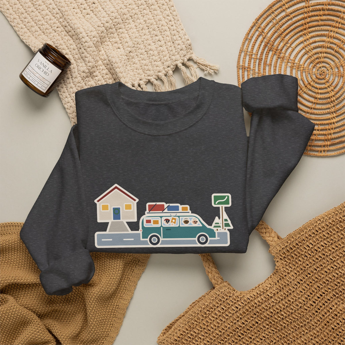 Holiday Road Trip Sweatshirt, Six-Hour Drive to Grandma's, First Snack Request at the End of Our Street, Funny Driveway Departure Crewneck