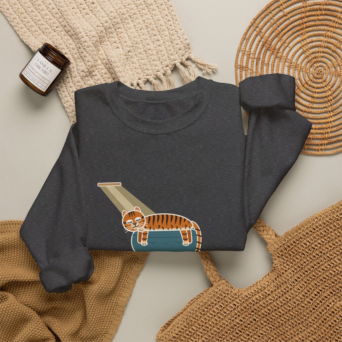 Tiger-Striped Cat Crewneck Sweatshirt - Sprawled on the Ottoman Like a Tiger on a Sun Rock Cat Gift