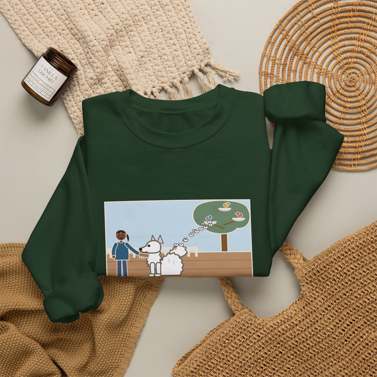 American Eskimo Dog Sweatshirt, Brushed the Eskie on the Porch, The Birds Built Three Nests from It, Funny Porch Brushing Crewneck