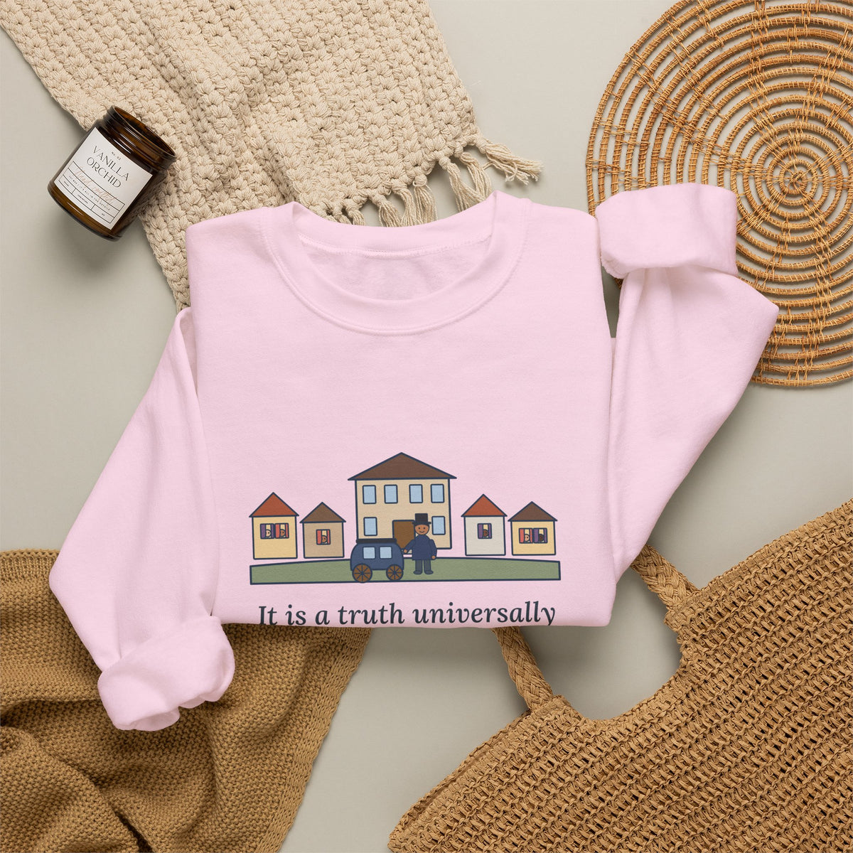It Is a Truth Universally Acknowledged Sweatshirt, Literary Jane Austen Quote Crewneck with Village Street