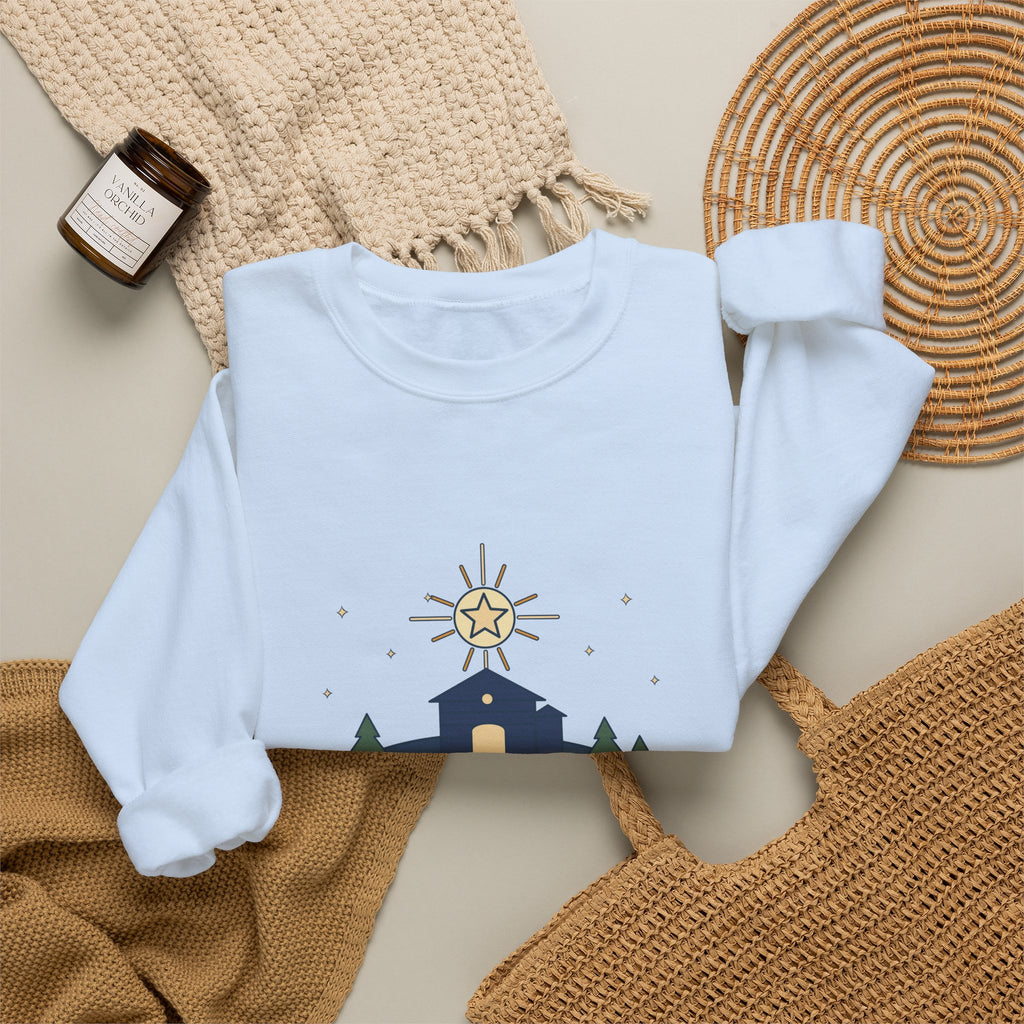 The Stars Are Brightly Shining Sweatshirt, Christmas Cappeau Quote Crewneck with Star over Stable