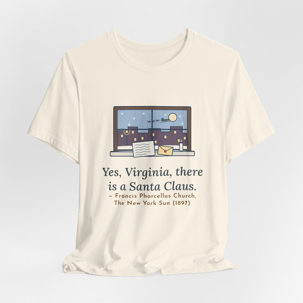F. P. Church Quote T-Shirt, Yes Virginia 1897 Editorial, Christmas Snowy Windowsill Letter Tee