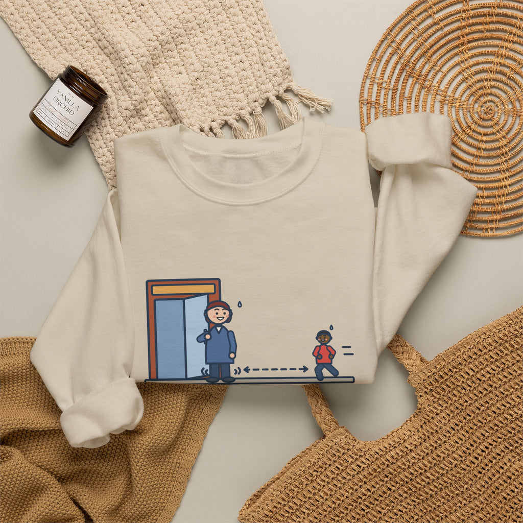 Holding the Door Sweatshirt, For Someone Twenty Feet Away, We Both Jogged, Funny Shop Entrance Crewneck