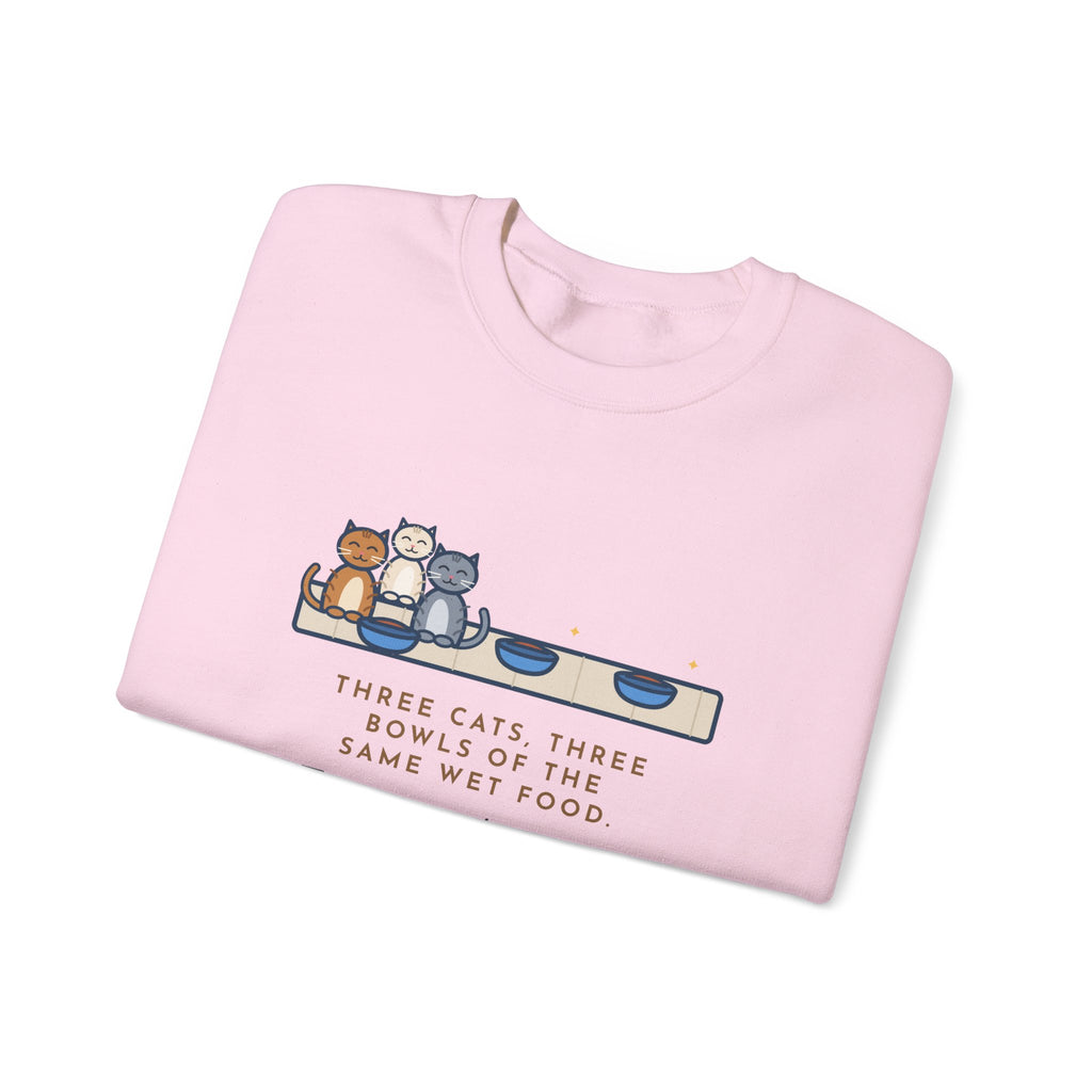 Three Cats Sweatshirt, Three Bowls of the Same Food, Every Cat Wants the One on the Left, Funny Kitchen Floor Crewneck