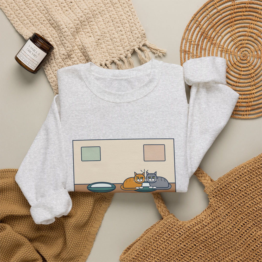 Two Cats Sweatshirt, Two Identical Beds, Both Cram into the Same One and Glare, Funny Bed Standoff Crewneck
