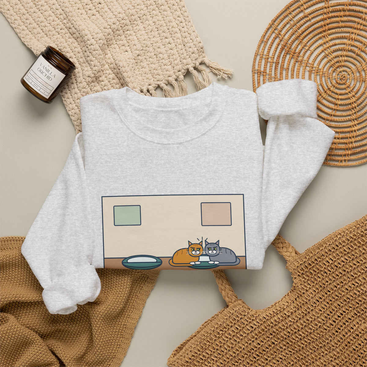 Two Cats Sweatshirt, Two Identical Beds, Both Cram into the Same One and Glare, Funny Bed Standoff Crewneck