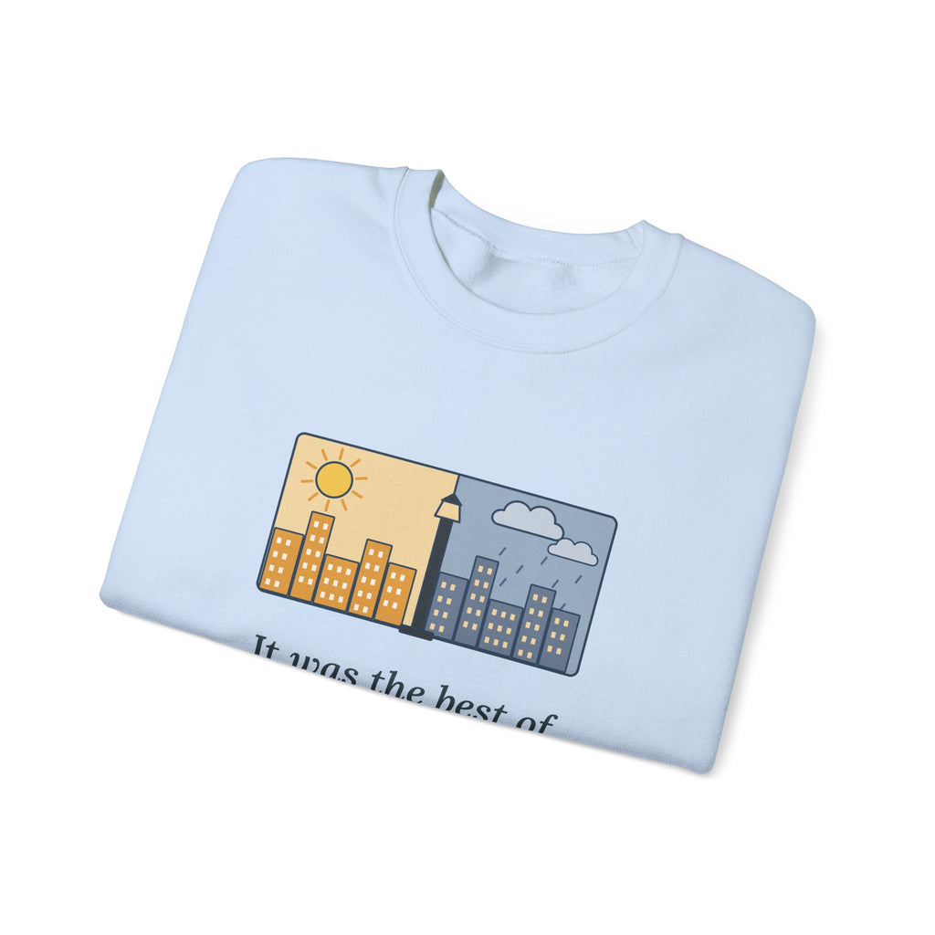 It Was the Best of Times, It Was the Worst of Times Sweatshirt, Literary Dickens Quote Crewneck with Split Skyline