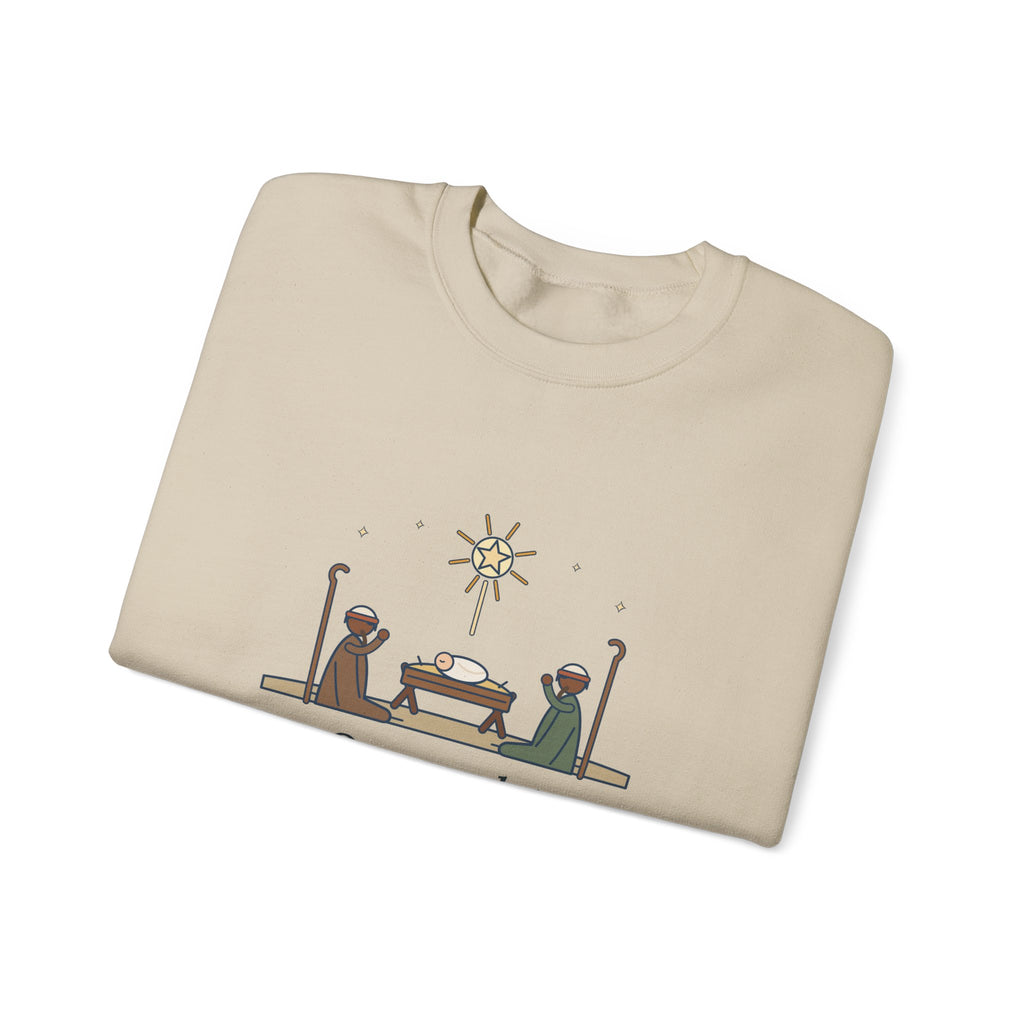 O Come, Let Us Adore him Sweatshirt, Christmas Oakeley Quote Crewneck with Woodcut Manger